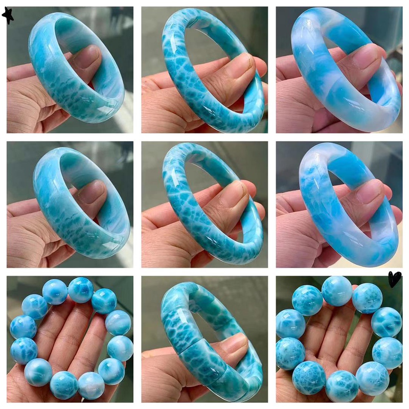 Natural Sea Pattern Stone Bracelet, Sky Blue, Large Ghost Back Pattern, Full Ocean Wave Pattern, Very Rare