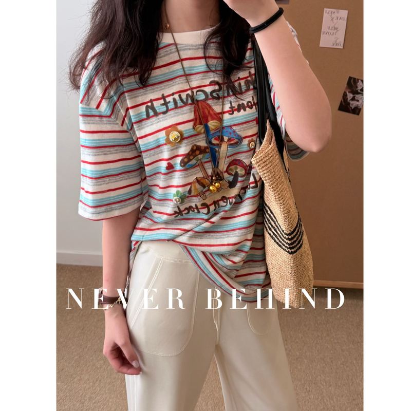 4.22 Rainbow Striped Mushroom Print Short-Sleeved T-Shirt