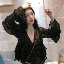 Send sling Hanfeng Chic sweet ruffle wave dots micro-through chiffon shirt female v-neck loose trumpet sleeve shirt