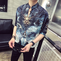 Summer mens short sleeve shirt Korean version of loose bf style hair stylist medium sleeve personality print Half sleeve shirt trend