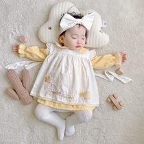 Girls embroidery set 2021 spring and autumn baby foreign baby doll collar lace flying sleeve dress cotton two-piece set