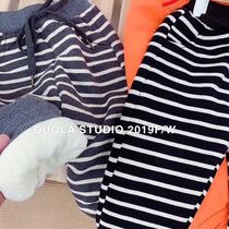 Male and female children plus velvet casual pants striped autumn autumn 2021 New Korean version childrens loose sports pants cotton pants tide tide