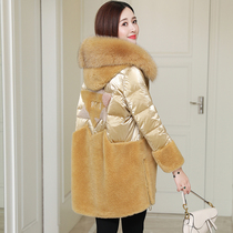 zqqz sheep shearing coat womens mid-length fox hair collar new granular wool fur coat down jacket 8163