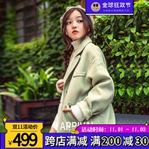 Girls double-sided cashmere plaid coat 2021 Winter new Korean version of the child avocado green loose coat tide