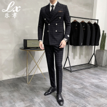 Double-breasted plaid suit mens suit British slim business dress fashion non-iron handsome groom wedding dress