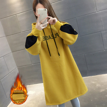 Plus velvet padded medium-length sweater womens 2021 new foreign style knee skirt loose Korean spring and autumn winter coat