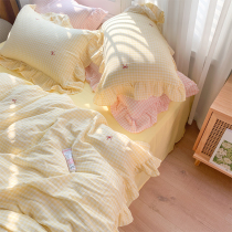 Soft and delicate ins ultra full cotton double layer yarn grid bed four pieces of pure cotton yarn pro-skin breathable quilt cover sheet