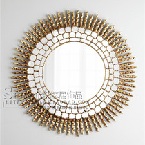 European and American luxury living room porch dining room dining side table decorative mirror round golden background Wall Wall Wall Mirror carving mirror