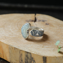 New products hand-exaggerated retro jade ring pure silver inlaid and Tian Yuqu fabric accessories opened female ring