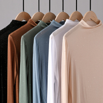 Tencel base shirt female spring and autumn slim long sleeve micro transparent interior wear thin tight solid color T-shirt sexy shiny top
