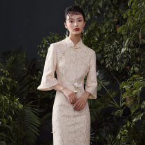  Hibiscus autumn new womens modified dress retro flared sleeves Western style mid-length cheongsam skirt toast wedding