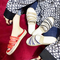 European station Double c small fragrant wind fisherman shoes women Summer flat bottom a pedal lazy straw sandals semi-drag net red slippers