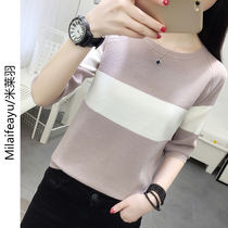 Fashion short sleeve T-shirt Women Summer 2022 new Korean version Stripes Loose 100 hitch 50% sleeve bottom blouse