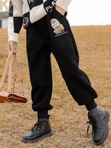 Korean Version Girl Light Core Suede Pants Plus Suede Thickening 2021 New Great Boy Casual Pants Foreign Air Children Casual Pants Woman