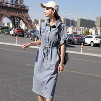 Denim Dress Mid Dress Medium Long woman 2022 Summer new temperament Short sleeves French small crowdage collection waist thin and thin