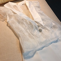 French socialite design sense ruffle sexy deep V-collar flying sleeve perspective lace top female