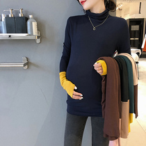 Pregnant women autumn T-shirt fashion out top women Autumn Winter plus velvet warm inside high neck base shirt tide mom