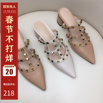 Pointed-toe leather thick-heeled half-slippers womens outerwear full cowhide rivets high-heeled mules lazy fashion sandals