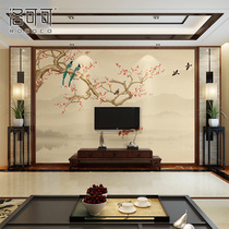 Modern new Chinese living room TV background wall paper custom murals Classical hand-painted wall cloth flowers and birds film and television wall