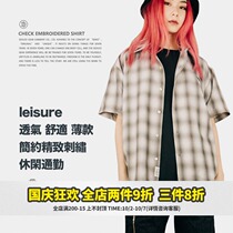 Food fishing SEDUCEgear Joker Embroidery logo check short sleeve shirt male American retro plaid shirt