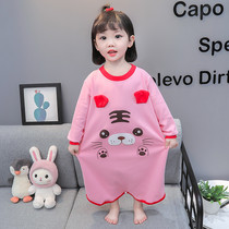 Girls sleeping skirt spring and autumn pure cotton girl baby anti-kicking bathrobe childrens home clothes autumn pair pajamas