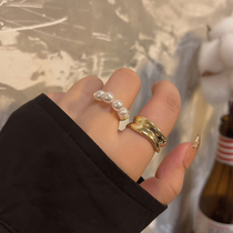 Irregular ring with high-end personality niche design pearl ring simple and fashionable metal open index finger ring