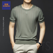 Romon striped t-shirt mens short-sleeved 2021 new round neck summer tide brand loose high-end ice silk green tide