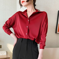  JACOOBS scarlet satin shirt female simulation silk satin design sense niche drooping loose oversize