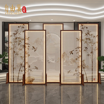 Chinese style 5-screen solid wood bamboo with lamp screen living room hotel lobby tea room background wall luminous partition seat screen