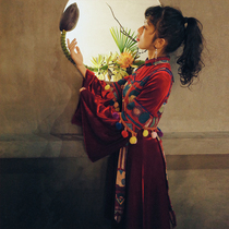 Huang Niuniu classmates originalred shirt sleeves national style color ball velvet stitching autumn and winter improved Cheongsam skirt woman