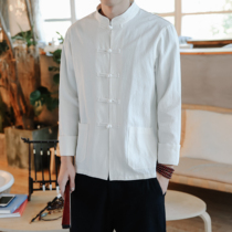 Tang suit mens linen shirt Chinese style cotton linen retro buckle coat autumn mens Hanfu Buddha shirt big size men