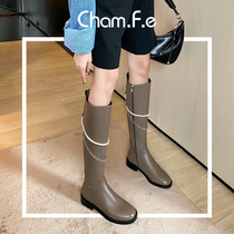 Small fragrant wind Gray Knight boots female pearl chain high boots autumn and winter leather low heel middle boots Women boots 364J