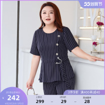 MSShe Big Code Womens Dress 2022 New Summer Dress Micro Fat Mm Casual Striped Shirt 90% Pants Two Suits