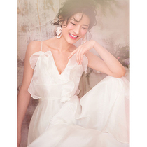 Thai seaside holiday dress V-neck strapless suspenders ruffle chiffon white backless dress dress women