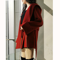Red double-sided cashmere coat Womens Small man hooded short 2021 New Life year hairy coat wedding