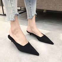 2021 spring new baotou half slippers womens wild thick heel low heel BAO WEN lazy pointed shallow single shoe tide