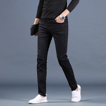 Hong Kong 2021 autumn black pants mens jeans middle waist Korean version of slim feet pants tide stretch non-iron