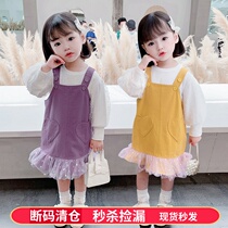 2021 new spring and autumn dress girls suspender skirt suit Western-style girl baby net red fashionable two-piece baby childrens clothing