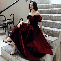 Bride toast wine red 2021 New velvet shoulder wedding temperament evening dress female small man Autumn