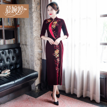 Golden Velvet Modified Cheongsam Dress Mother Dress Wedding Dress 2021 New Autumn Dress Long Slim Catwalk Banquet Women