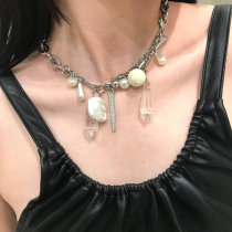Light luxury alloy chain Crystal pearl pendant necklace overweight workers cool girl original design choker