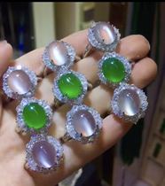 925 Silver luxury green jade ring natural ice white jade marrow fluorescent retro jewelry emerald ring