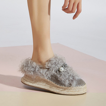 Winter velvet thick bottom Baotou half slippers women Joker leather Mao Mao heel loafers Korean rabbit hair shoes