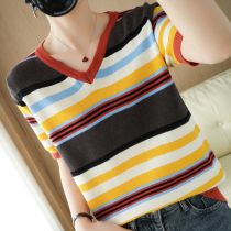Color striped pure cotton knitted short sleeve t shirt 2022 summer new loose cotton half sleeve topper female Han Edition