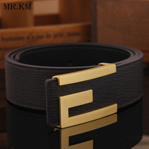 MR KM Business Handsome Stainless Steel Smooth Buckle Strap Mens Cow Leather Belt for Young Gift Pants With Plate Buckle