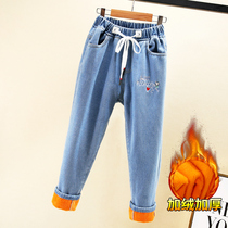 Girl one plus velvet denim pants autumn and winter clothing 2021 New Tide children wear slim pants