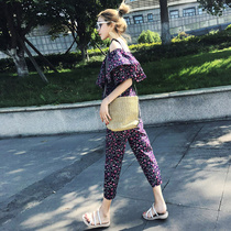 2021 new shoulder jumpsuit womens summer high waist fashion casual Korean version of broken flower jumpsuit high waist set