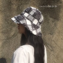 Super beautiful recommended niche designer models raw edge black and white plaid cut flowers Fisherman hat basin hat Sun hat word female summer