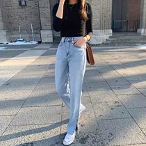 Korean high-waisted denim wide leg pants womens loose thin drape spring and summer 2021 New retro straight daddy pants