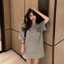 A5544 summer 2021 new casual loose medium long top round neck short sleeve printed T-shirt women